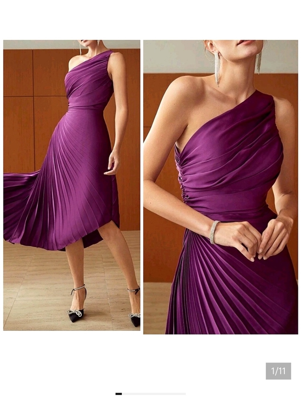 New Luxe One Shoulder Asymmetrical Hem Pleated Dress Evening Purple Magenta